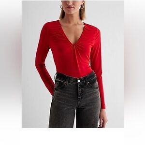 Express Skimming Ruched V-Neck Vibrant Red Long Sleeve Top